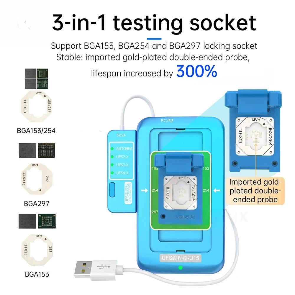 For JCID UFS Programmer U15 Box BGA153/254/297 3 In 1 Read Write Socket UFS2.X 3.X 4.X NAND Chip Identify Reading Writing Repair
For JCID UFS Programmer U15 Box BGA153/254/297 3 In 1 Read Write Socket UFS2.X 3.X 4.X NAND Chip Identify Reading Writing Repair