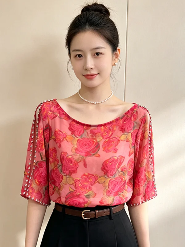 Summer 2026 Women's Printed Chiffon Heavy Embellished T-Shirt Slim Fit Five-Quarter Sleeve Korean Style Commute Fashion
Summer 2026 Women's Printed Chiffon Heavy Embellished T-Shirt Slim Fit Five-Quarter Sleeve Korean Style Commute Fashion