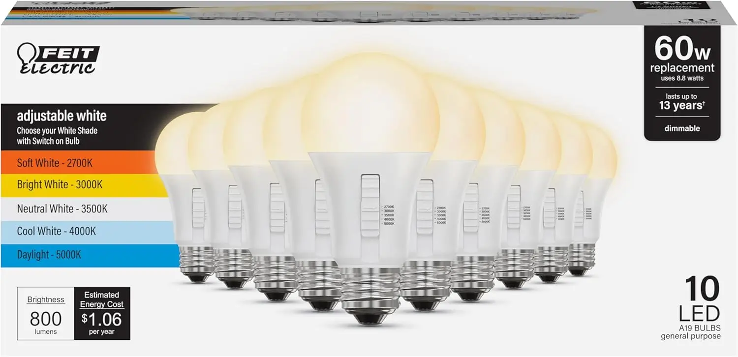 Dimmable LED Bulbs 60W Equivalent, Selectable Color Temperatures (2700K-5000K), 800 Lumens, 15,000-Hour Lifetime, 10 Pack
Dimmable LED Bulbs 60W Equivalent, Selectable Color Temperatures (2700K-5000K), 800 Lumens, 15,000-Hour Lifetime, 10 Pack