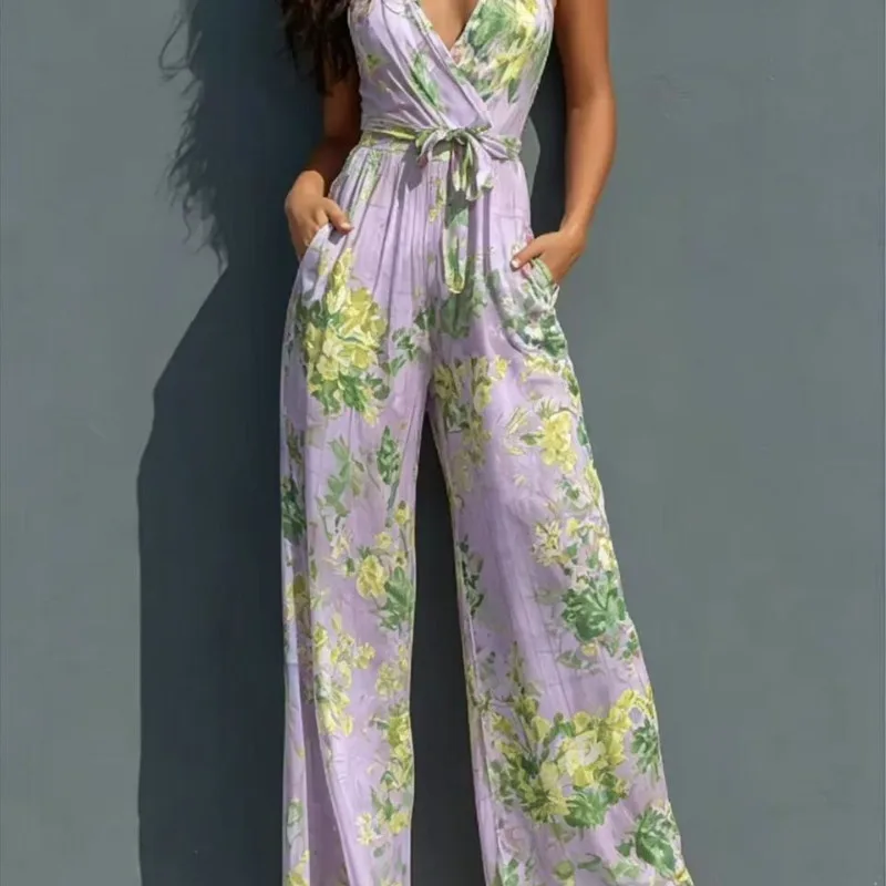 Women Sexy Print V Neck Sleeveless Jumpsuit Summer Casual High Waist Wide Leg Romper With Pockets Holiday party style jumpsuit
Women Sexy Print V Neck Sleeveless Jumpsuit Summer Casual High Waist Wide Leg Romper With Pockets Holiday party style jumpsuit