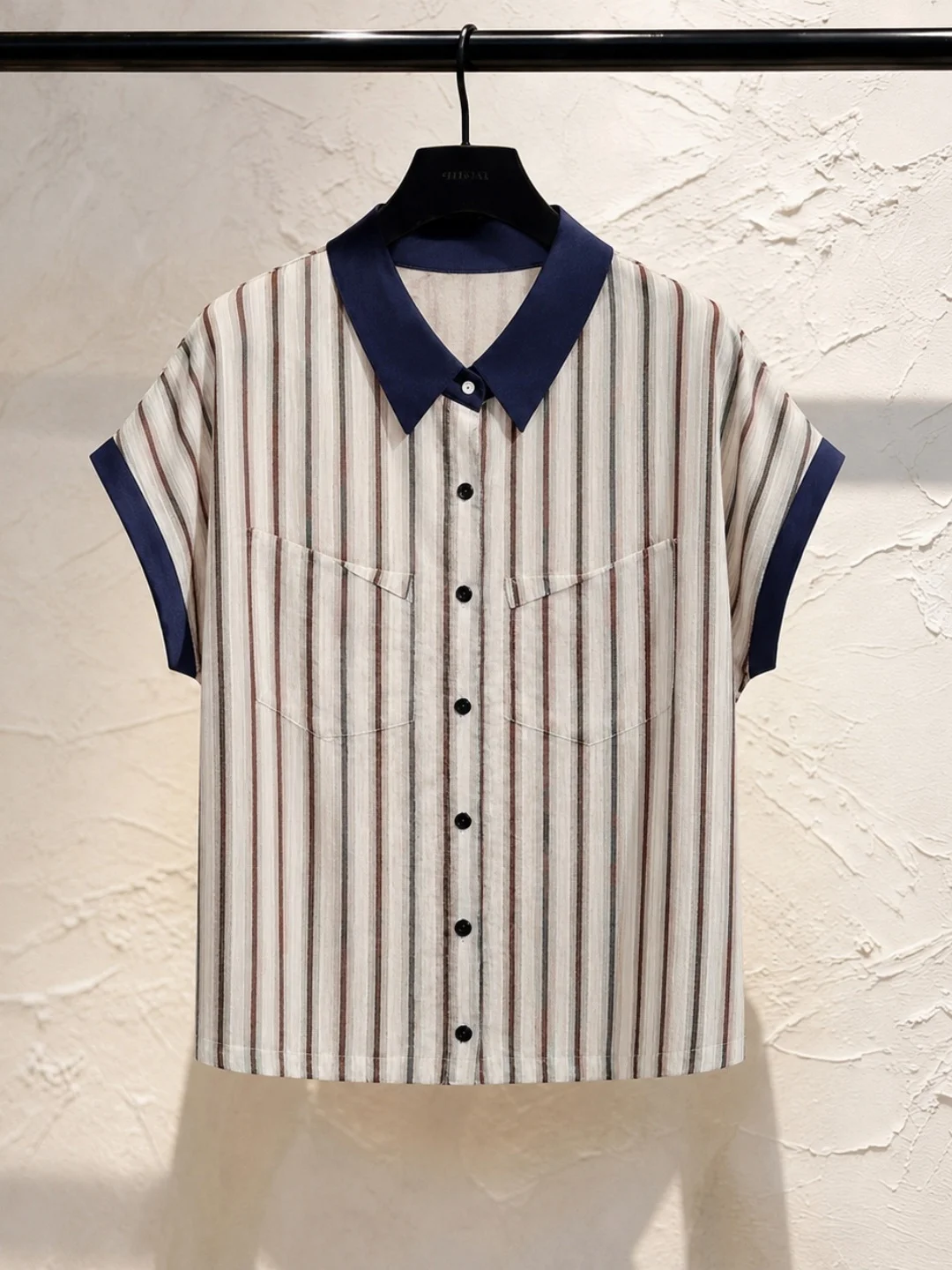 Summer Loose Striped Short Sleeve Shirt Color Block Collar Turn down Korean Style Commute Fashion Top Versatile Small Shirt
Summer Loose Striped Short Sleeve Shirt Color Block Collar Turn down Korean Style Commute Fashion Top Versatile Small Shirt