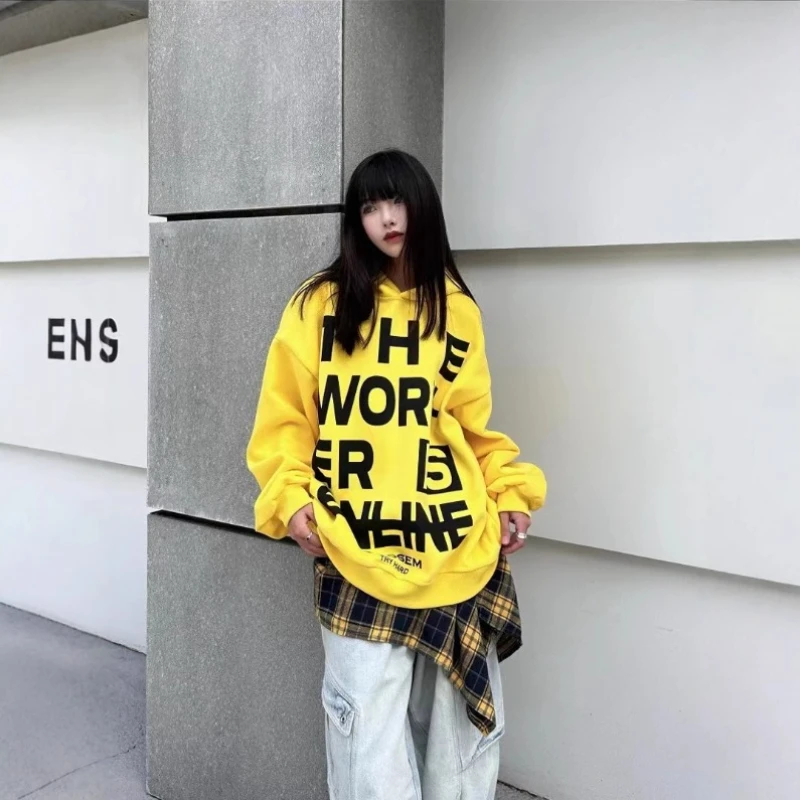 Yellow Loose Letter Print Hoodie Sweatshirt for Women Autumn Winter New Style American Retro Streetwear Loose Fit Casual Tops
Yellow Loose Letter Print Hoodie Sweatshirt for Women Autumn Winter New Style American Retro Streetwear Loose Fit Casual Tops