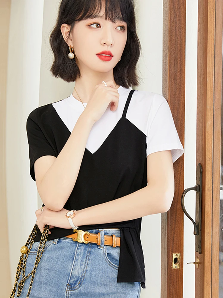 Fake Two Piece Short Sleeve T-shirts Women Fashion Design Sense Niche T-shirt Leisure Female Irregular Tops 2025 New
Fake Two Piece Short Sleeve T-shirts Women Fashion Design Sense Niche T-shirt Leisure Female Irregular Tops 2025 New