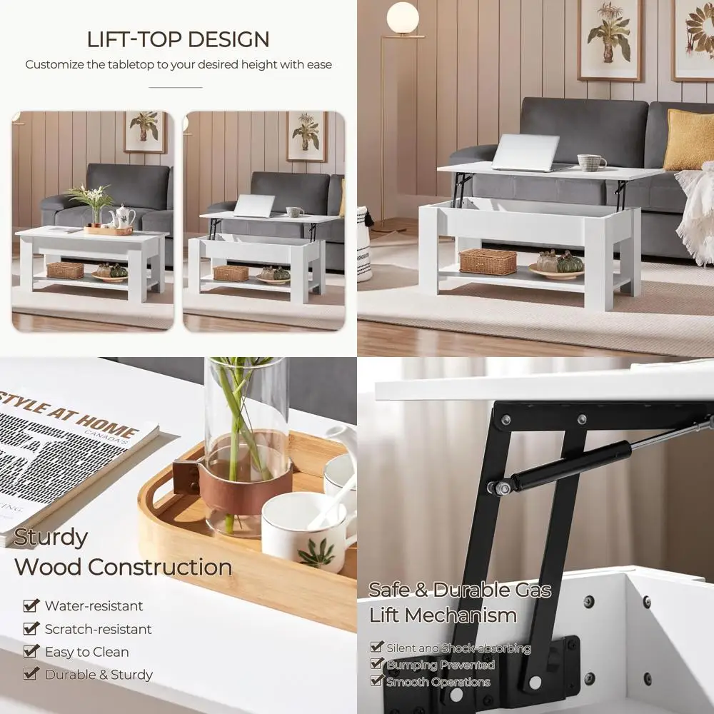 Белый журнальный столик с подъемным верхом со скрытым хранилищем и полкой для гостиных или приемных
Белый журнальный столик с подъемным верхом со скрытым хранилищем и полкой для гостиных или приемных