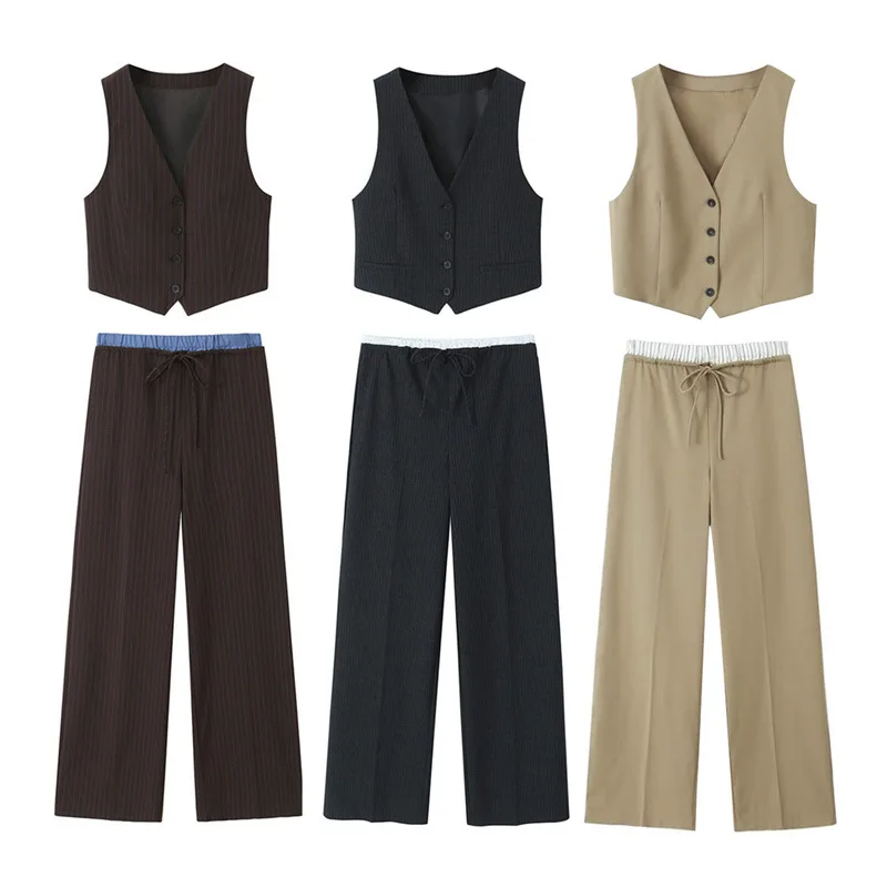 Women's Sets V-Neck Sleeveless Single-breasted Vest Top Lace Up Loose Wide Leg Long Trousers Solid Color Outdoor 2024
Women's Sets V-Neck Sleeveless Single-breasted Vest Top Lace Up Loose Wide Leg Long Trousers Solid Color Outdoor 2024