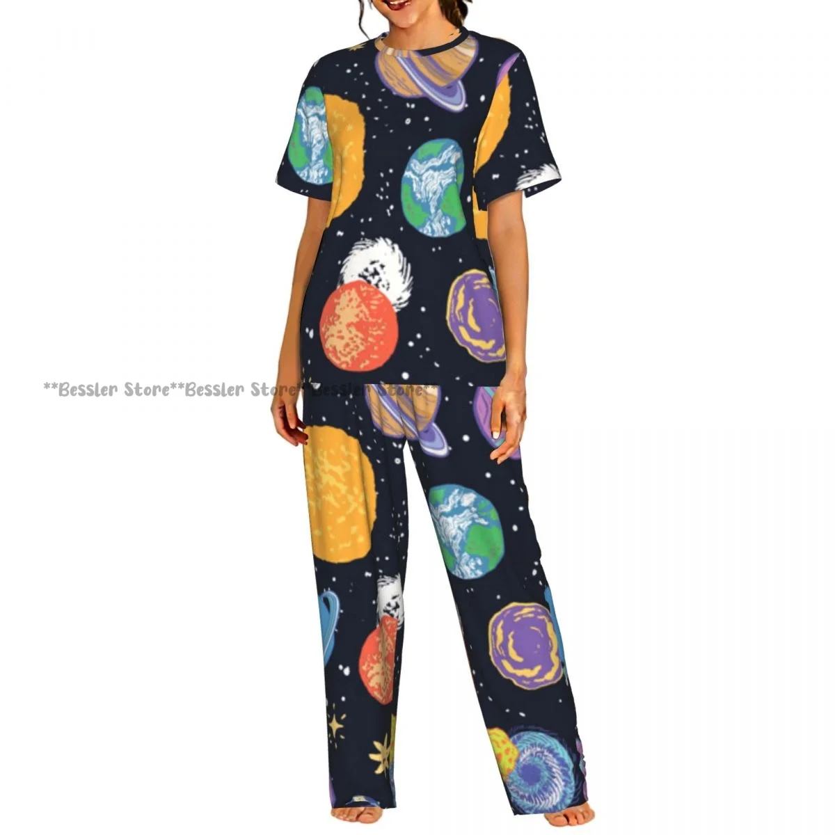 Women's Planets And Stars Illustration short sleeve trousers casual pajamas set
Women's Planets And Stars Illustration short sleeve trousers casual pajamas set