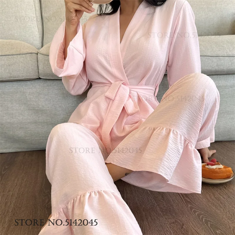 Women's Pajamas Set Lingerie Sweet Ruffle Long Sleeve Cardigan Trouser Suit Homewear Spring Autumn Loose Pijamas Lounge Wear
Women's Pajamas Set Lingerie Sweet Ruffle Long Sleeve Cardigan Trouser Suit Homewear Spring Autumn Loose Pijamas Lounge Wear