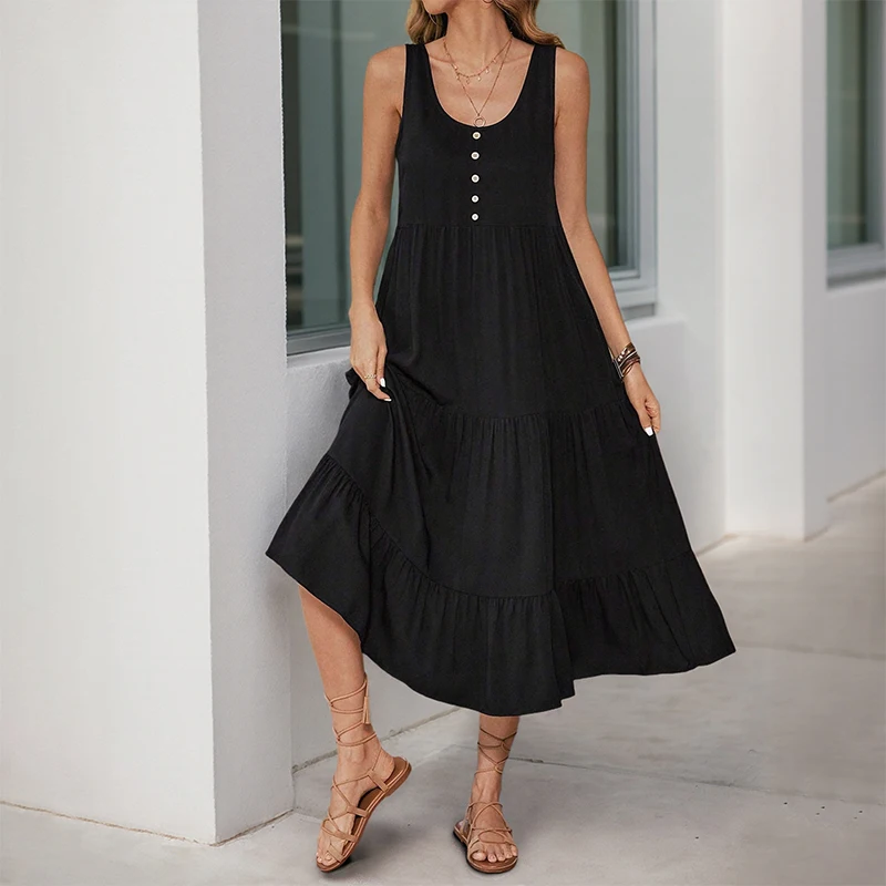 Women's Black Sleeveless Button Decor Tiered Ruffle Midi Dress Casual Boho Summer Vacation Daily
Women's Black Sleeveless Button Decor Tiered Ruffle Midi Dress Casual Boho Summer Vacation Daily