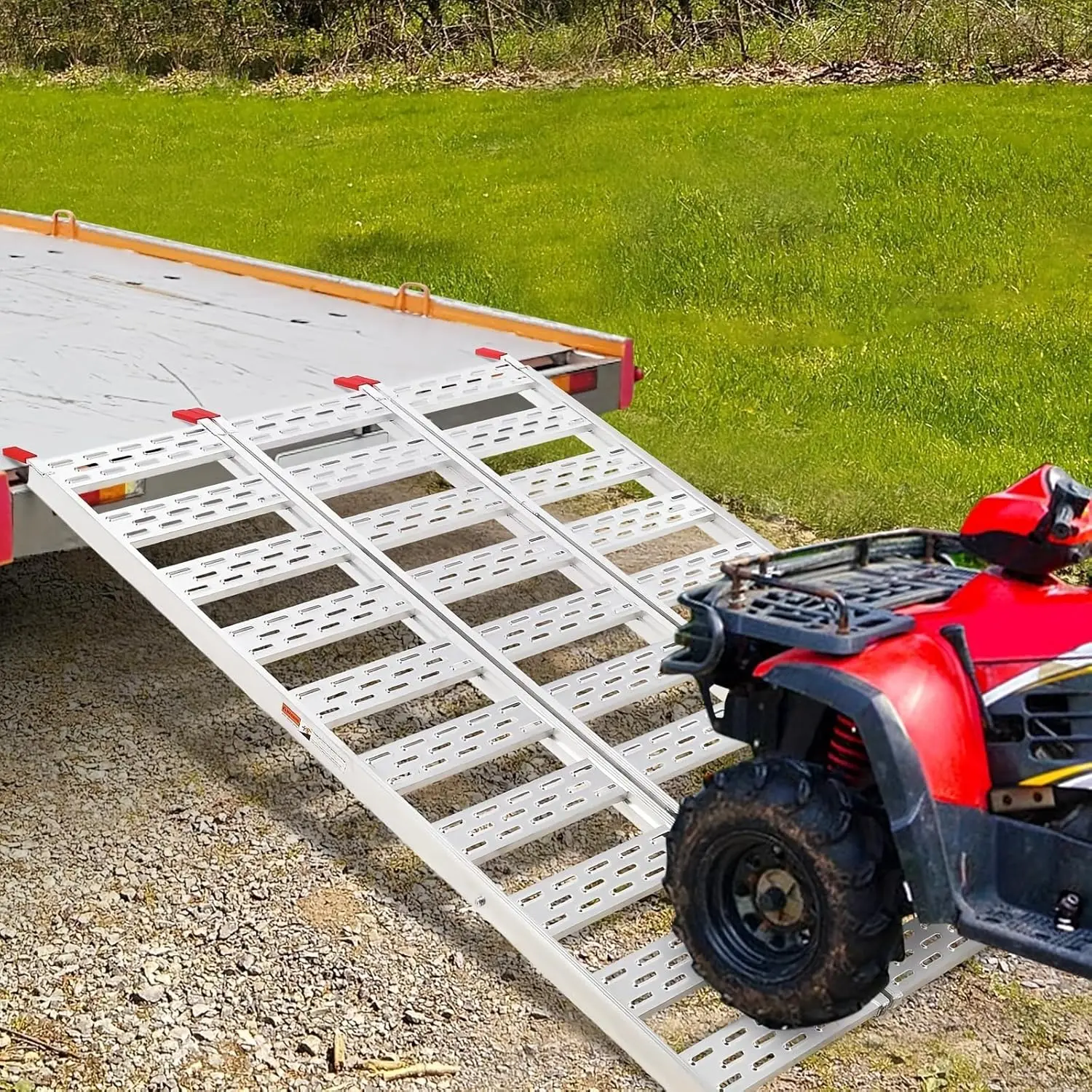 Aluminum Tri-Fold Loading Ramps for Pickup Trucks with Load Straps Ideal for ATV, Motorcycle, Lawn Mower & Dirt Bike
Aluminum Tri-Fold Loading Ramps for Pickup Trucks with Load Straps Ideal for ATV, Motorcycle, Lawn Mower & Dirt Bike