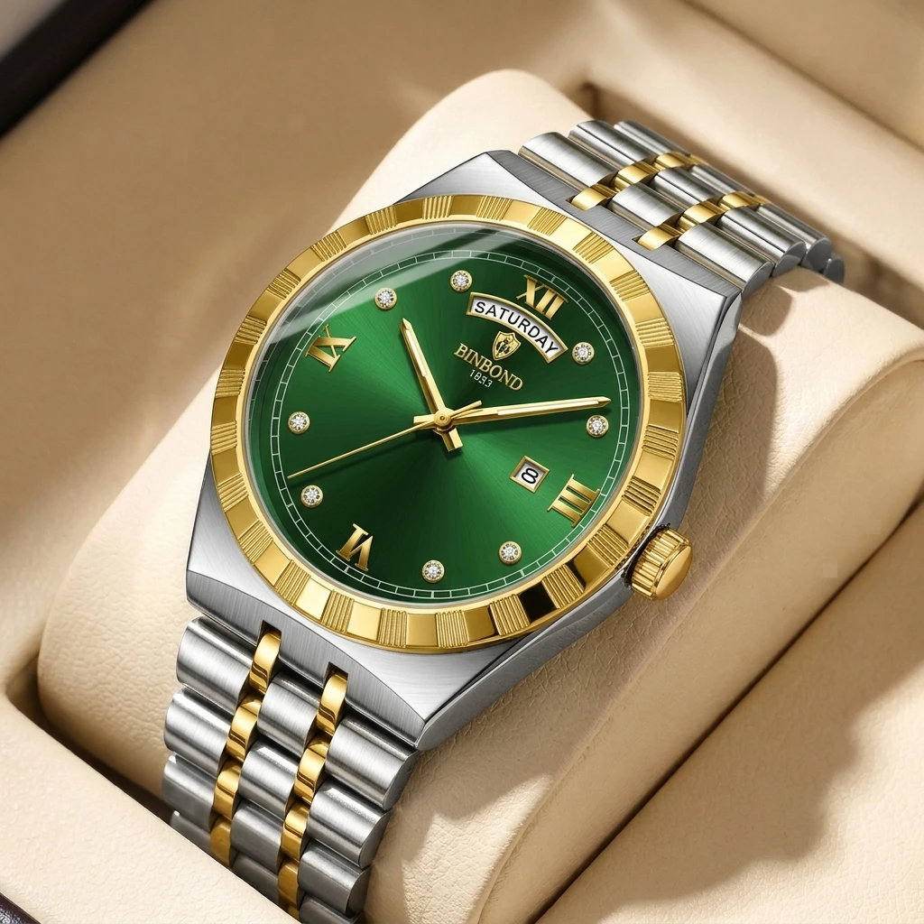 1 piece Men's Watch with Green Dial, Roman Numeral Markers, Dual Calendar Display, Two-Tone Metal Strap, Stylish, Business
1 piece Men's Watch with Green Dial, Roman Numeral Markers, Dual Calendar Display, Two-Tone Metal Strap, Stylish, Business