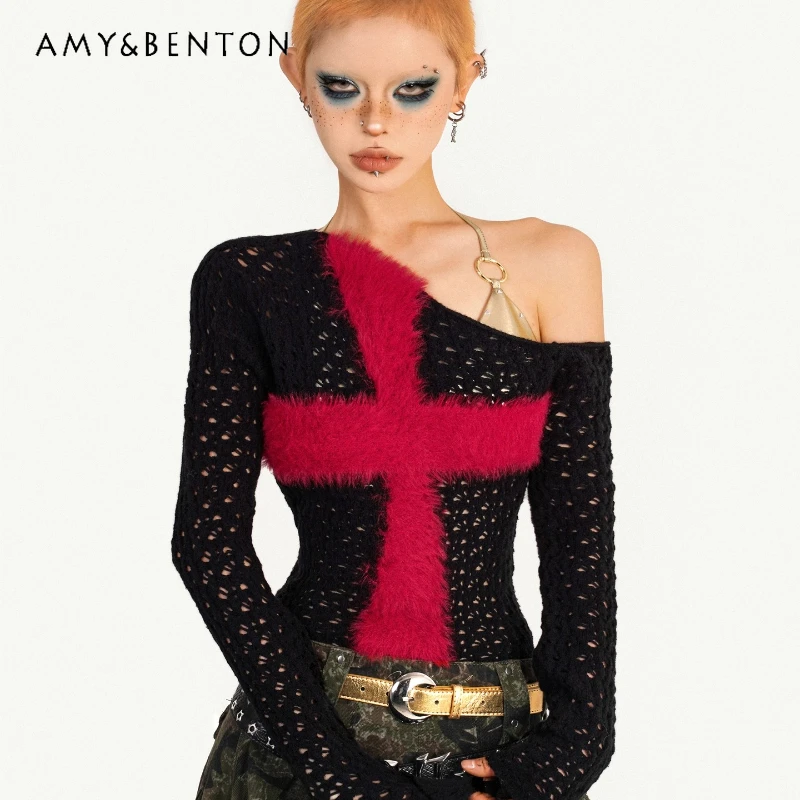 2025 Autumn New Black Red Splicing Asymmetrical Long Sleeve Hollow Out Women's Pullovers Punk Design Sexy Fishnet Sweater Girl
2025 Autumn New Black Red Splicing Asymmetrical Long Sleeve Hollow Out Women's Pullovers Punk Design Sexy Fishnet Sweater Girl