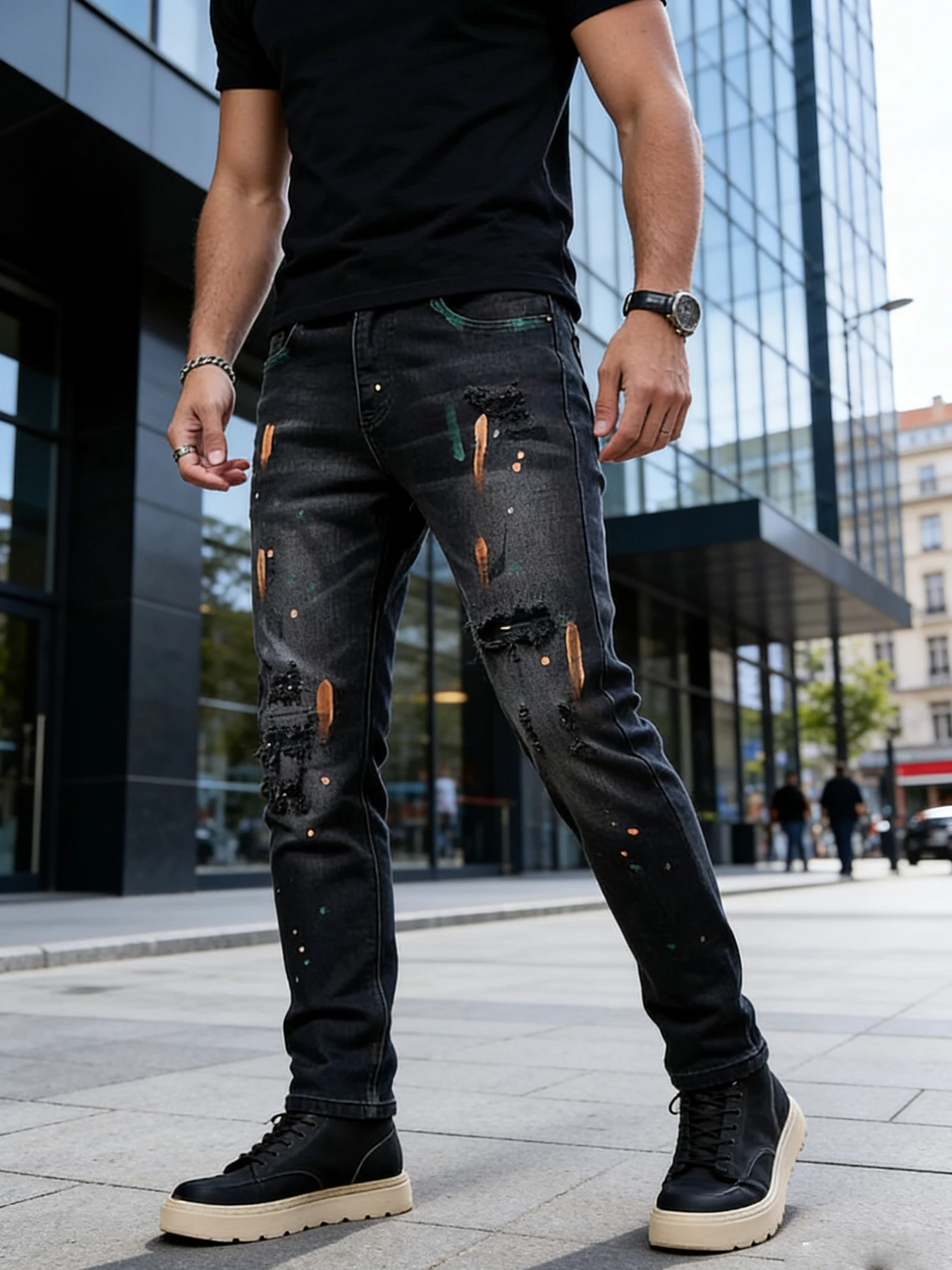 American-style retro black and gray distressed splatter large ripped jeans for men, slim fit, narrow leg, trendy long pants
American-style retro black and gray distressed splatter large ripped jeans for men, slim fit, narrow leg, trendy long pants