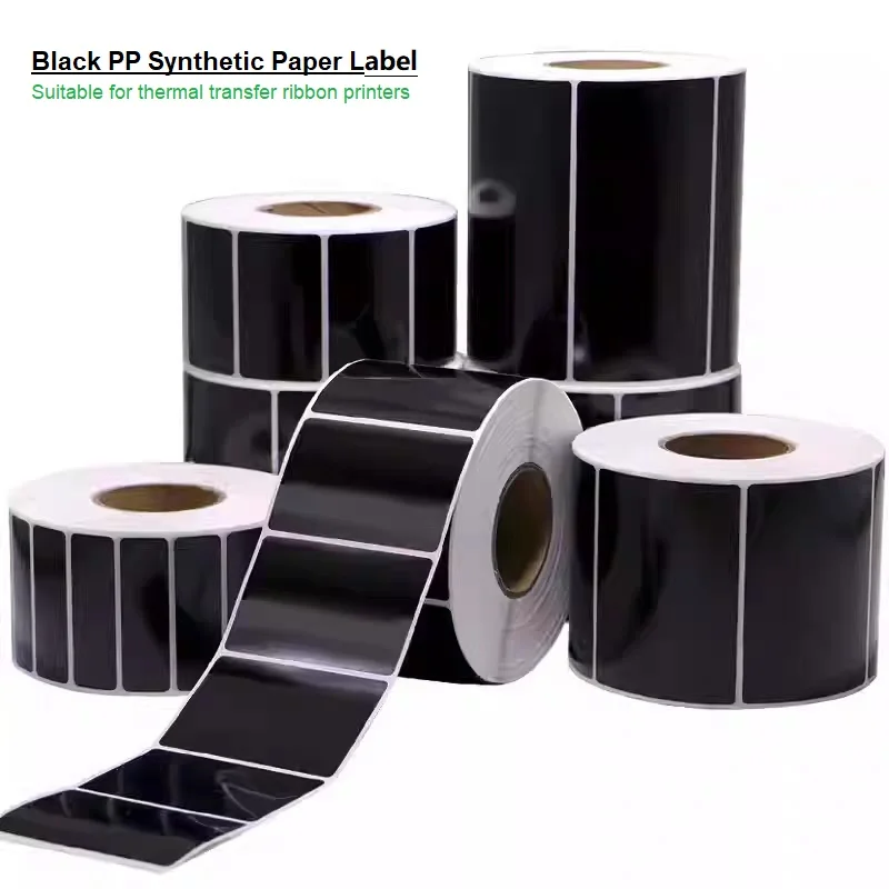 Black PP synthetic paper self-adhesive 60x40 70x50 waterproof and tear-resistant white ribbon transfer label paper 
Black PP synthetic paper self-adhesive 60x40 70x50 waterproof and tear-resistant white ribbon transfer label paper