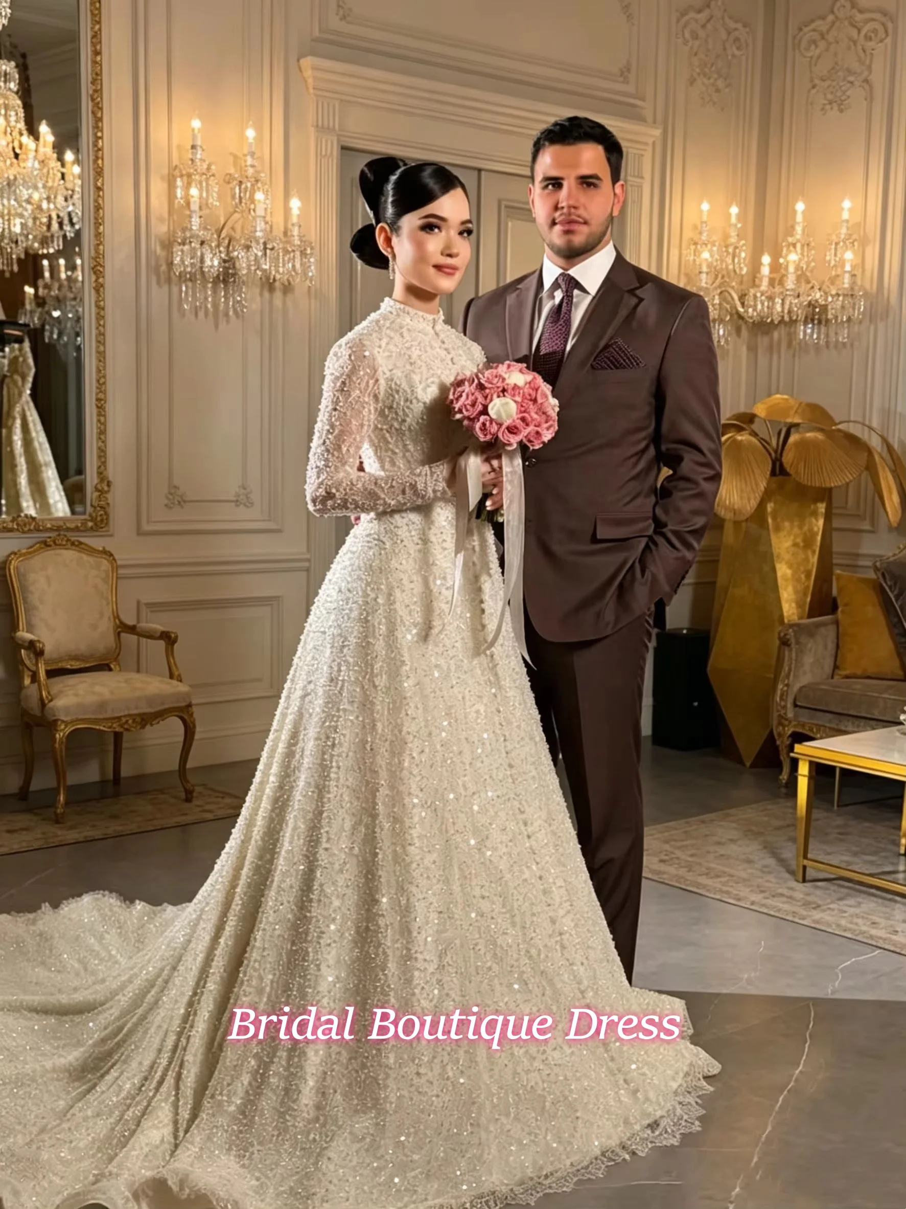 Luxury Beading Lace Wedding Dress Customized High Neck Long Sleeves Sequined Applique Sweep Train Arabian Bridal Gown
Luxury Beading Lace Wedding Dress Customized High Neck Long Sleeves Sequined Applique Sweep Train Arabian Bridal Gown