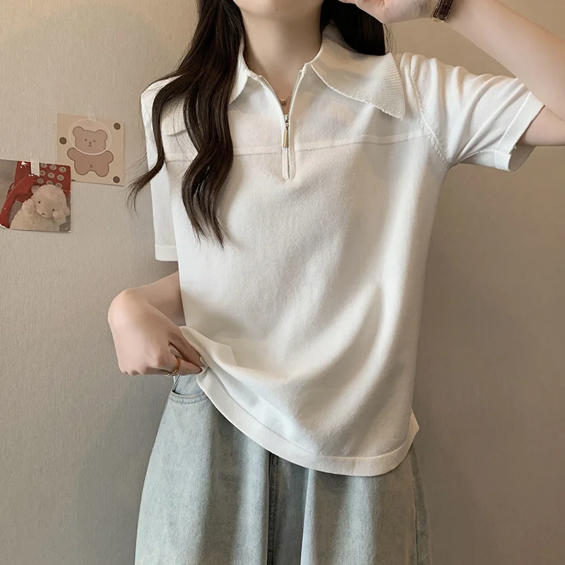 XL-4XL Large Size Knitted T-shirt Women Summer Turn-down Collar Zipper Oversize Tops Short Sleeve Loose Ice Silk Knit Tshirts
XL-4XL Large Size Knitted T-shirt Women Summer Turn-down Collar Zipper Oversize Tops Short Sleeve Loose Ice Silk Knit Tshirts