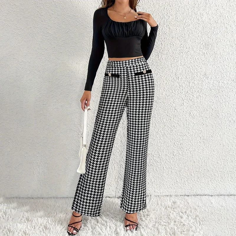 Women's Black White Houndstooth Wide-Leg Pants High Waisted Button Trim Stylish Casual Long Trousers
Women's Black White Houndstooth Wide-Leg Pants High Waisted Button Trim Stylish Casual Long Trousers
