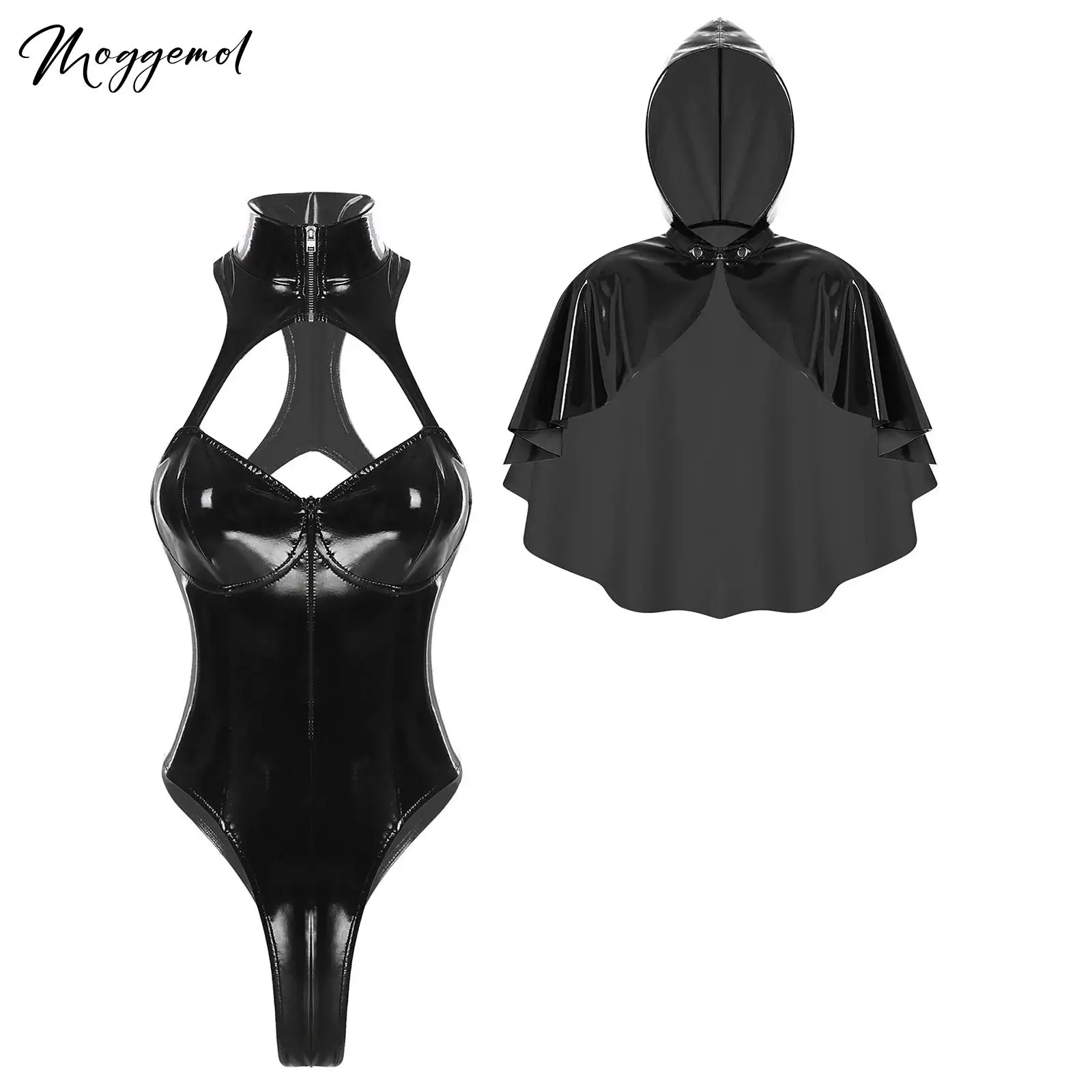 Womens Wet Look Hooded Cloak with Sexy Thongs Bodysuit Mock Neck Sleeveless Cut Out Leotard And Cape Steampunk Gothic Costume
Womens Wet Look Hooded Cloak with Sexy Thongs Bodysuit Mock Neck Sleeveless Cut Out Leotard And Cape Steampunk Gothic Costume