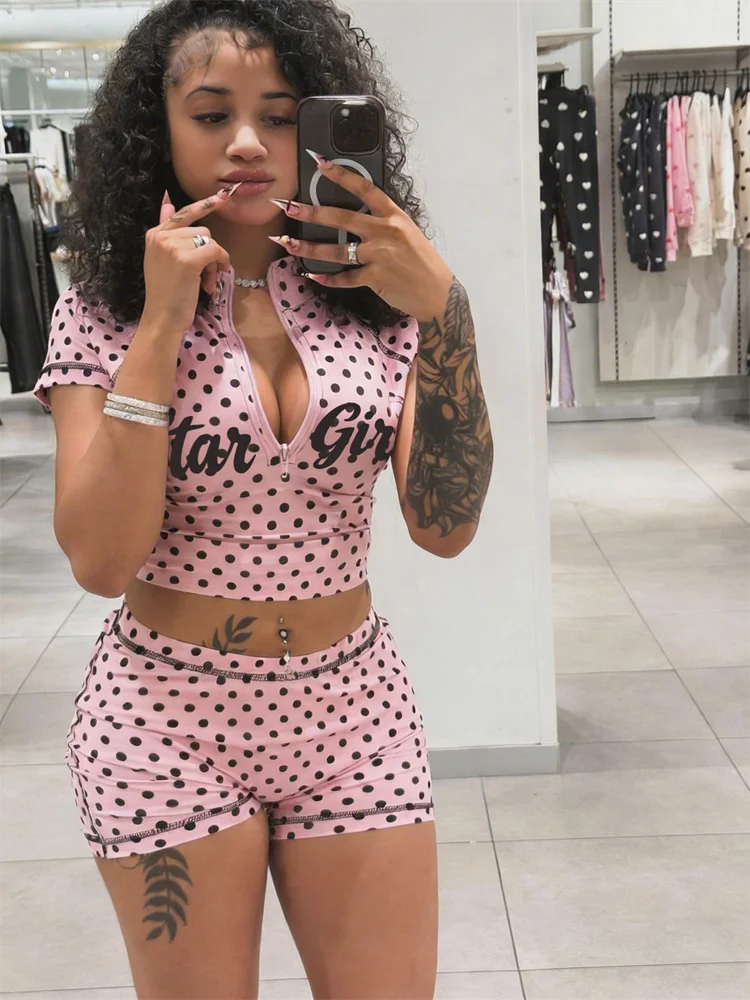 Nibber Street 2 Piece Set Woman Zip Turtleneck Short Sleeve Crop Tops+Skinny Shorts Sexy Polka Dot Print Fashion Style Outfits
Nibber Street 2 Piece Set Woman Zip Turtleneck Short Sleeve Crop Tops+Skinny Shorts Sexy Polka Dot Print Fashion Style Outfits
