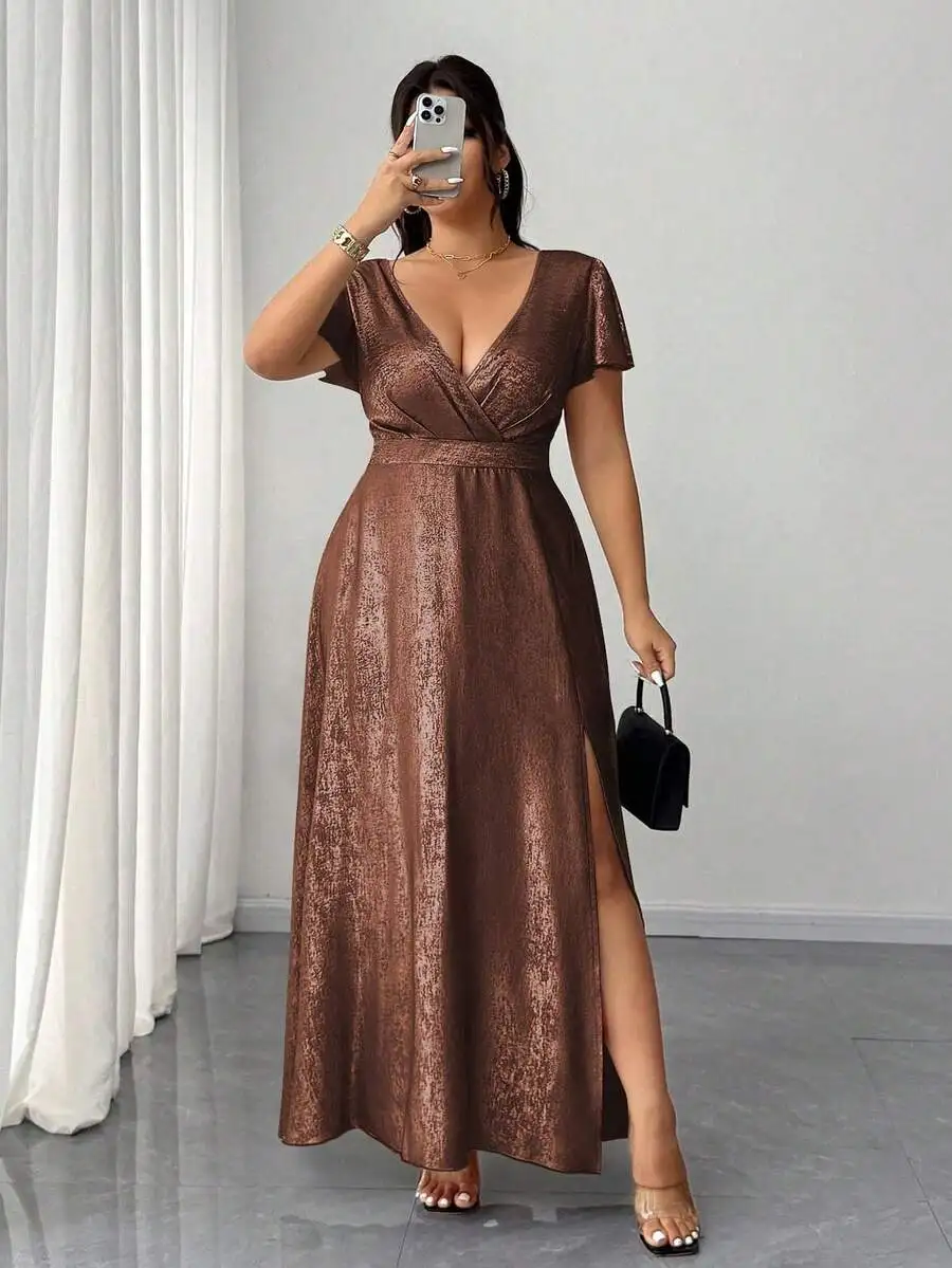 Plus Size Women Elegant V-Neck Wrap Maxi Dress With High Slit Metallic Brown Formal Party Gown
Plus Size Women Elegant V-Neck Wrap Maxi Dress With High Slit Metallic Brown Formal Party Gown