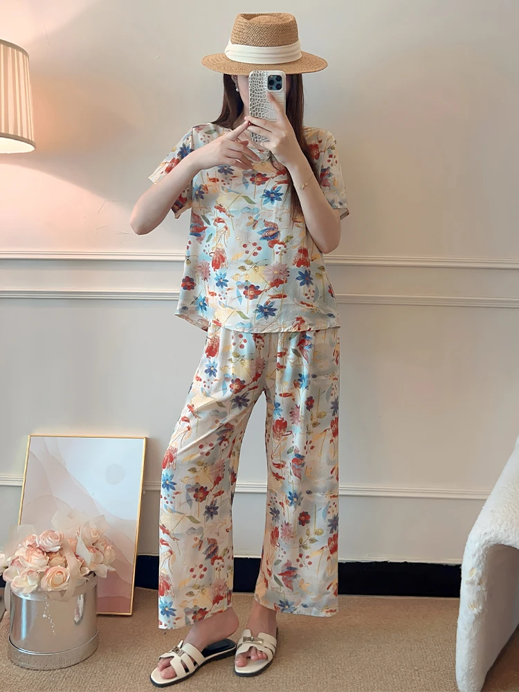 Loose Artificial Cotton Short Sleeve Set Women Summer Outdoor Wear Casual Nine Points Silk Sleepwear Home Clothes
Loose Artificial Cotton Short Sleeve Set Women Summer Outdoor Wear Casual Nine Points Silk Sleepwear Home Clothes
