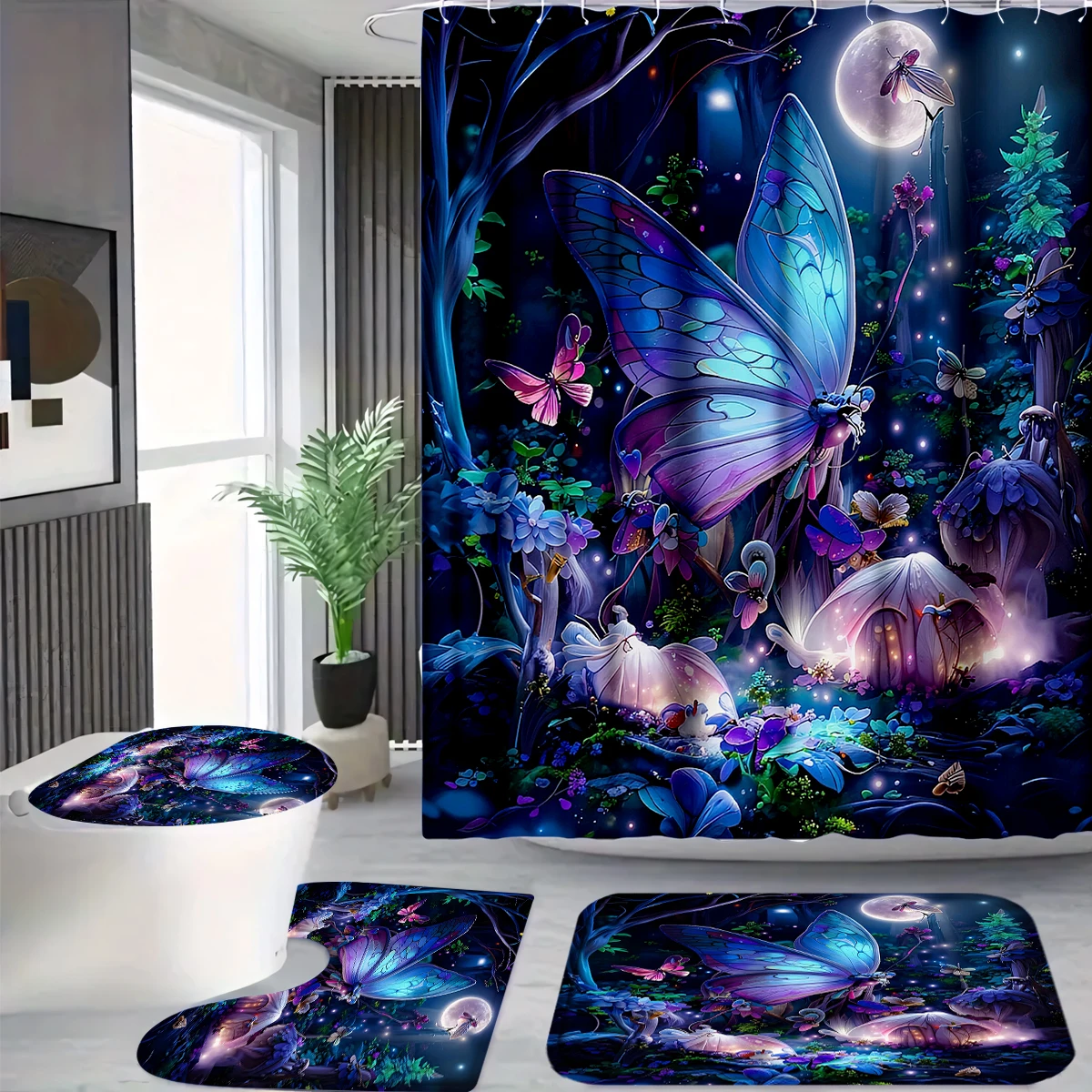 4Pcs Enchanted Forest Butterfly Shower Curtain Set with Hooks, Magical Moonlight Print Waterproof Mildew Resistant Fabric Bath Mat for Family Bathroom Home Decor
4Pcs Enchanted Forest Butterfly Shower Curtain Set with Hooks, Magical Moonlight Print Waterproof Mildew Resistant Fabric Bath Mat for Family Bathroom Home Decor