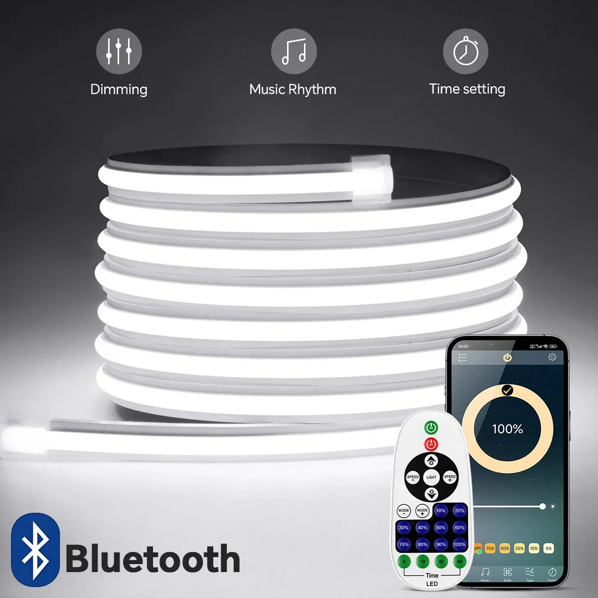 Светодиодная лента COB Neon LED DC24V из чистого силикона с управлением через Bluetooth-приложение, диммируемая, высокая яркость, CRI 80
Светодиодная лента COB Neon LED DC24V из чистого силикона с управлением через Bluetooth-приложение, диммируемая, высокая яркость, CRI 80