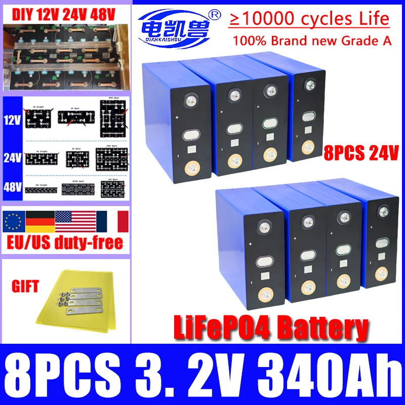 8pcs 3.2v 320ah 310ah 340ah 280ah 202ah 105ah LiFePO4 battery Lithium iron phosphate battery for 8S 24V Golf Cart Yacht RV solar
8pcs 3.2v 320ah 310ah 340ah 280ah 202ah 105ah LiFePO4 battery Lithium iron phosphate battery for 8S 24V Golf Cart Yacht RV solar
