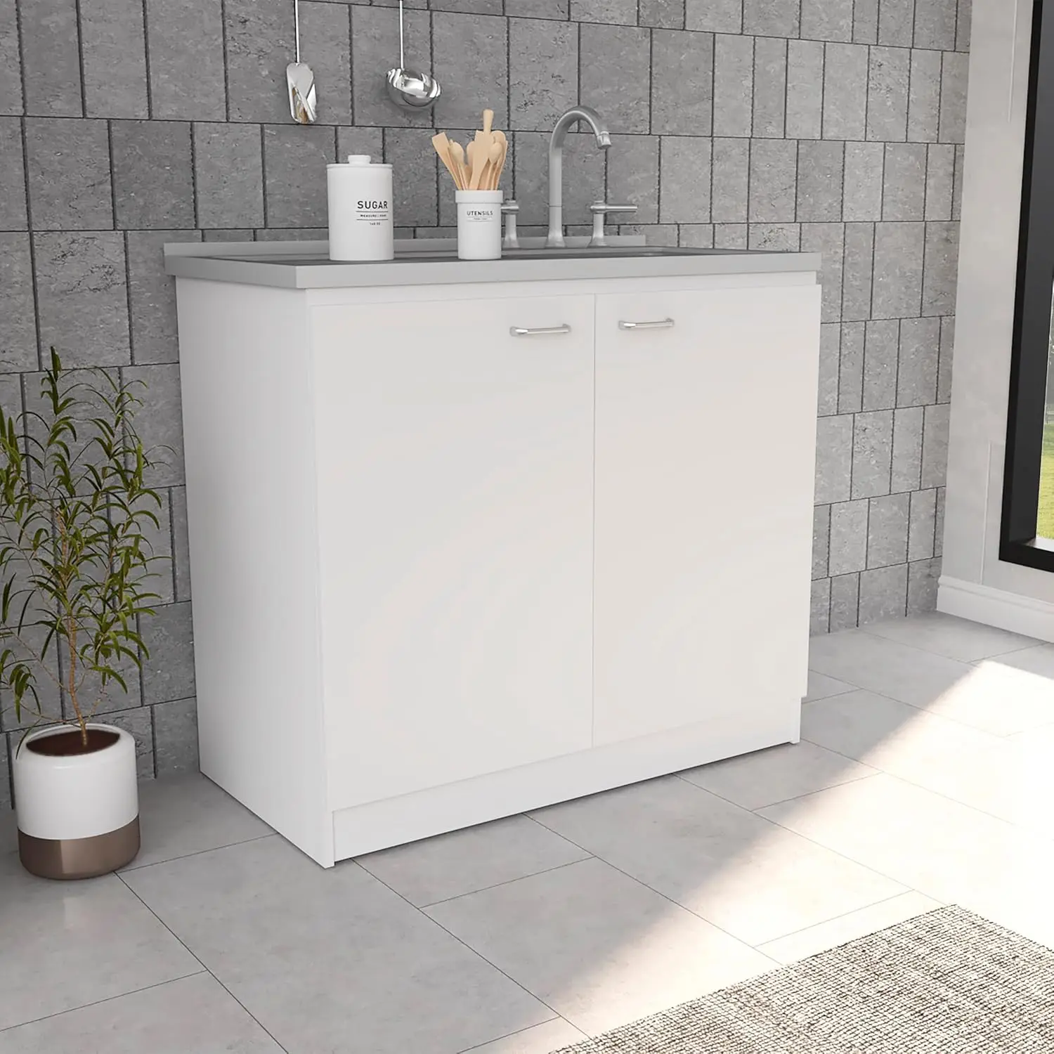Salento Utility Freestanding Sink with Cabinet, 35.4"H x 39.3"W, Double Door & 2 Shelves with Metal Handles, Customized
Salento Utility Freestanding Sink with Cabinet, 35.4"H x 39.3"W, Double Door & 2 Shelves with Metal Handles, Customized