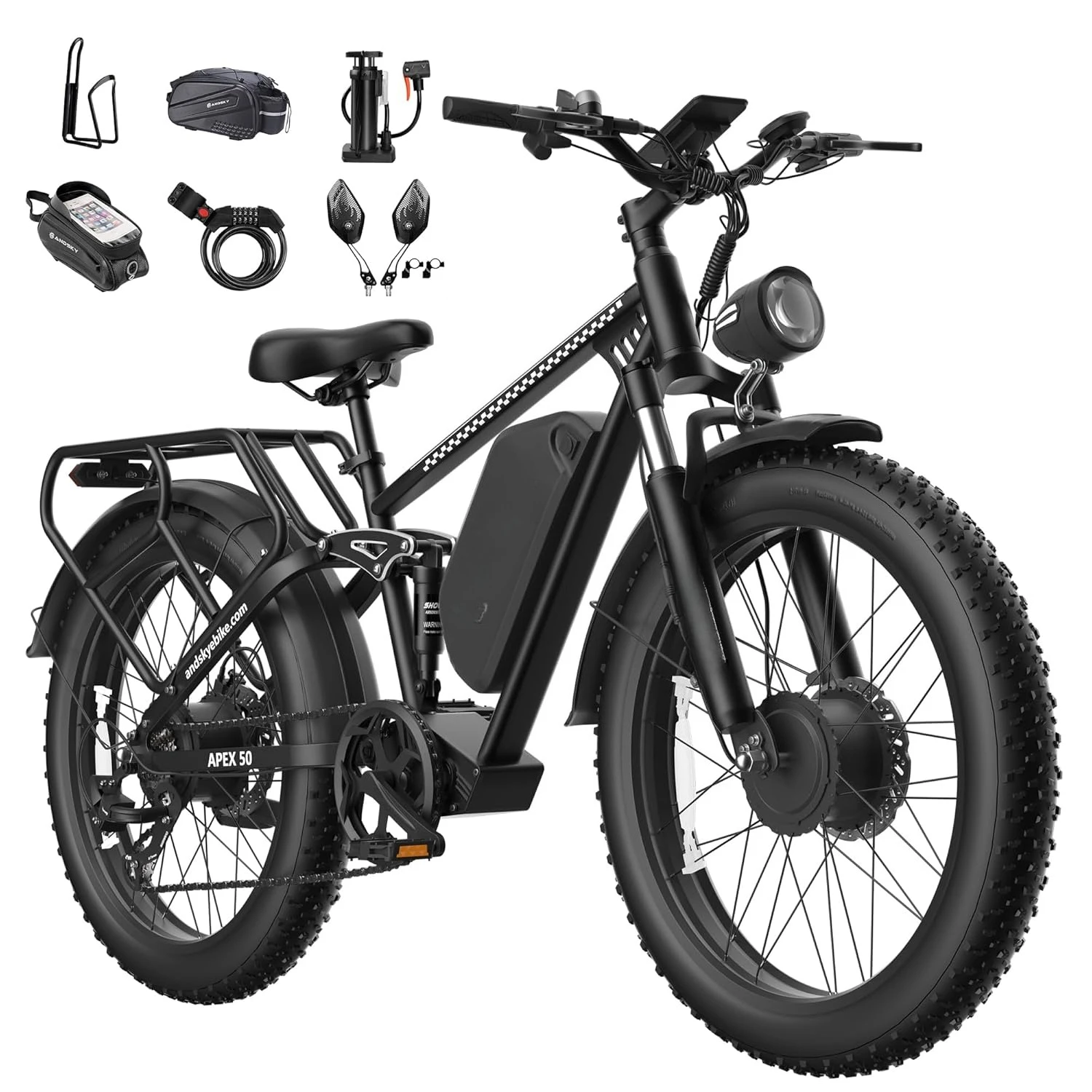9000W Peak Dual Motor Electric Bike Adults 52V 26" Fat Tire Full Suspension 40-47MPH 110 Miles Hydraulic Brakes, Custom
9000W Peak Dual Motor Electric Bike Adults 52V 26" Fat Tire Full Suspension 40-47MPH 110 Miles Hydraulic Brakes, Custom