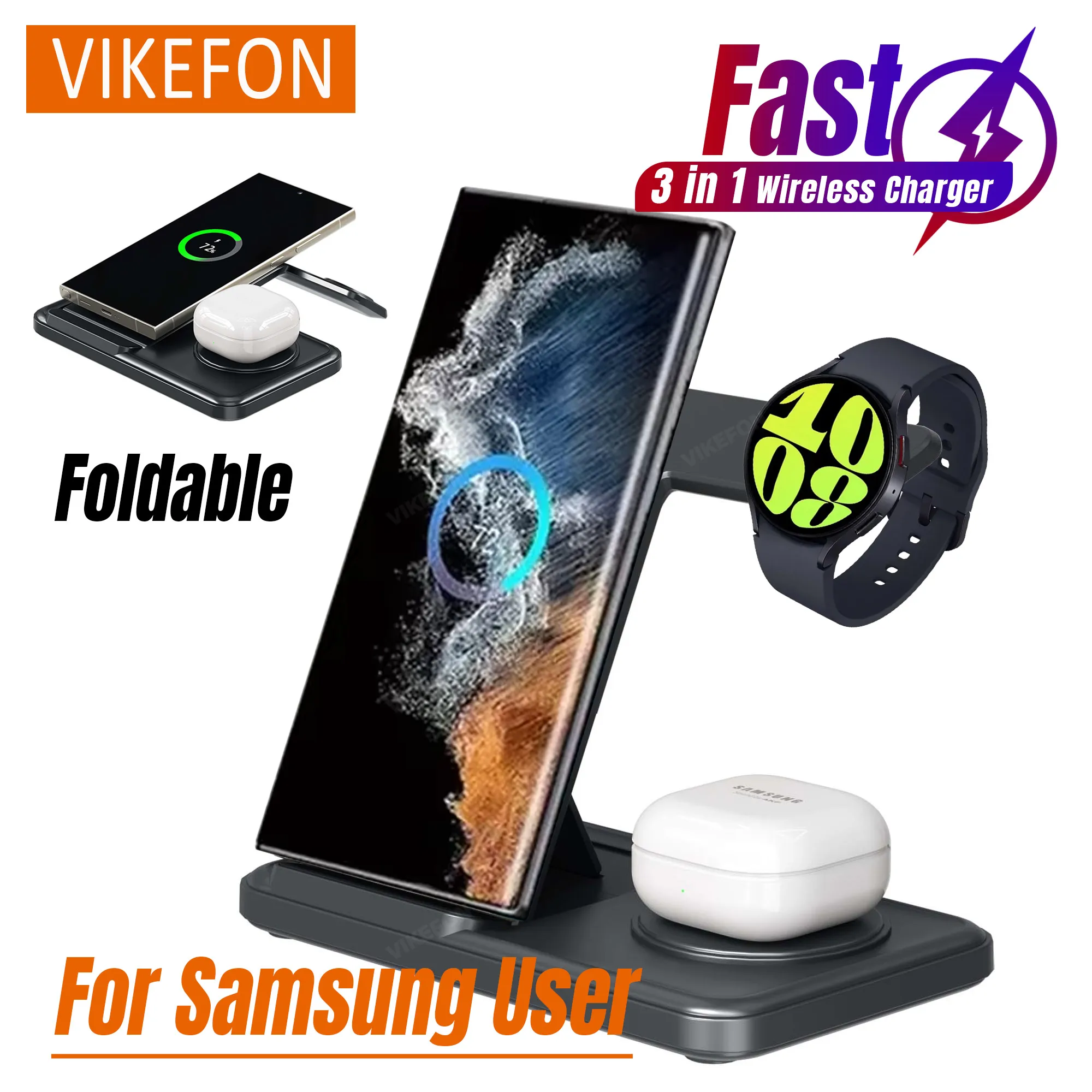 Folding 3 in 1Wireless Charger Phone Stand For Samsung S24 S23 Z Flip 6 Galaxy Watch 7/7 ultra 6/6 4 Classic/5 Pro Fast Charging
Folding 3 in 1Wireless Charger Phone Stand For Samsung S24 S23 Z Flip 6 Galaxy Watch 7/7 ultra 6/6 4 Classic/5 Pro Fast Charging
