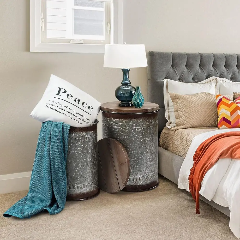 Rustic Accent Side Table, Storage Ottoman Stool, Antique Metal End Table with Wood Lid, Coffee or Cocktail Table, Nesting Galvan
Rustic Accent Side Table, Storage Ottoman Stool, Antique Metal End Table with Wood Lid, Coffee or Cocktail Table, Nesting Galvan