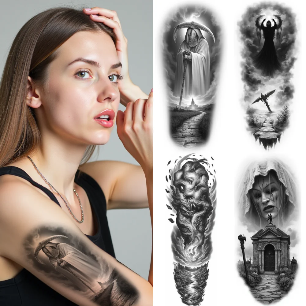 3pcs Temporary Tattoo Black And Grey Realism Grim Reaper Hooded Figure Cityscape For Men Women Adults
3pcs Temporary Tattoo Black And Grey Realism Grim Reaper Hooded Figure Cityscape For Men Women Adults