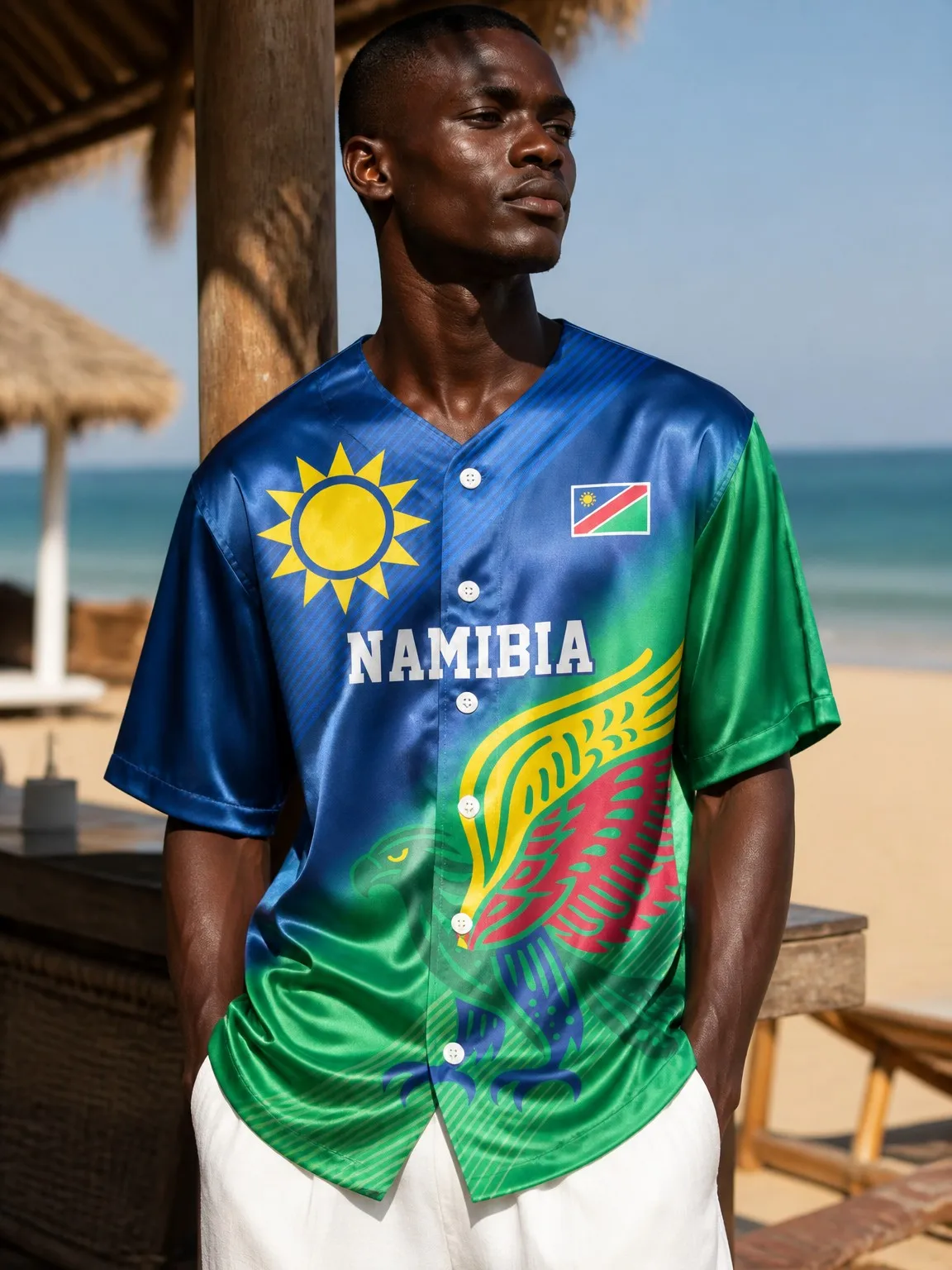 Namibian Satin Baseball Shirt Men's Blue, Green, Red Flag, Sun Print Loose Fit Beach Vacation Fashion Shirt Top New Arrival
Namibian Satin Baseball Shirt Men's Blue, Green, Red Flag, Sun Print Loose Fit Beach Vacation Fashion Shirt Top New Arrival