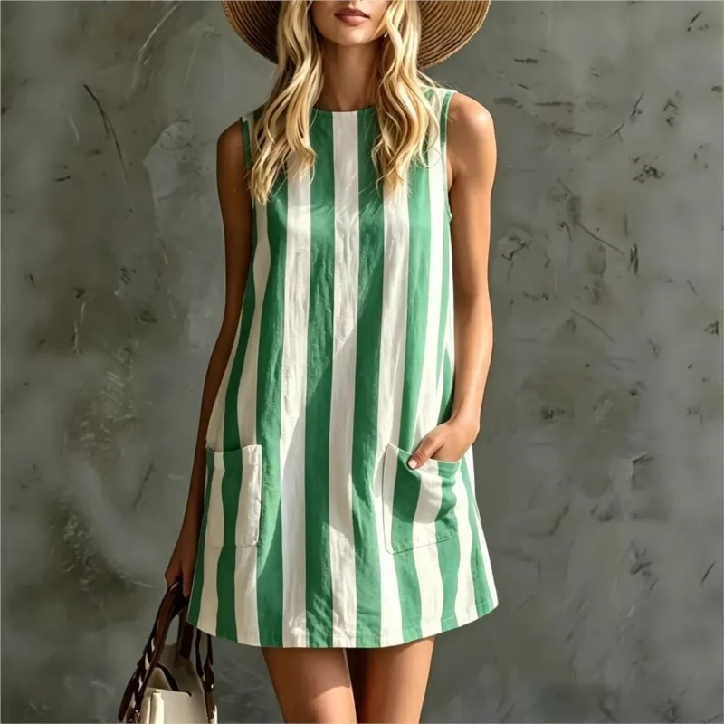 Fashionable retro striped print sleeveless o-neck mini dresses Summer Casual loose pocket dress ladies holiday party vest dress
Fashionable retro striped print sleeveless o-neck mini dresses Summer Casual loose pocket dress ladies holiday party vest dress