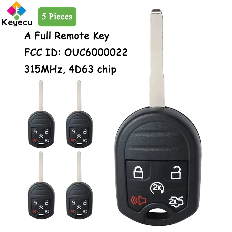 KEYECU 5 Pieces Remote Control Car Key With 5 Buttons 315MHz 4D63 Chip for Ford Edge Escape Taurus X 2007-2017 Fob OUC6000022
KEYECU 5 Pieces Remote Control Car Key With 5 Buttons 315MHz 4D63 Chip for Ford Edge Escape Taurus X 2007-2017 Fob OUC6000022
