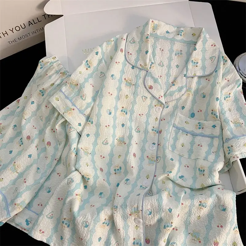 Summer Short Sleeve Sleepwear Women's Bubble Gauze Pleated Cardigan Sweet Little Cherry Thin Home Clothes Set Casual Style 35 Sf849fd0be12740b58f50ec0fdc70b026U