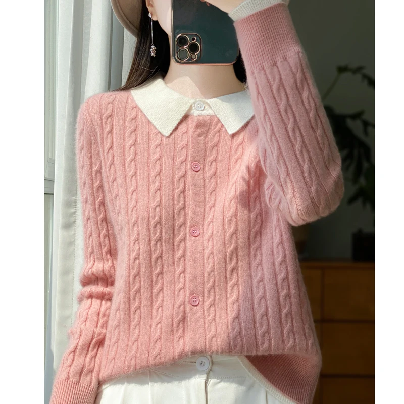 Ladies' Fashion Autumn And Winter Merino Pure Wool Lapel Long-Sleeved Knitted Cardigan, Korean Popular Button Top -D309
Ladies' Fashion Autumn And Winter Merino Pure Wool Lapel Long-Sleeved Knitted Cardigan, Korean Popular Button Top -D309