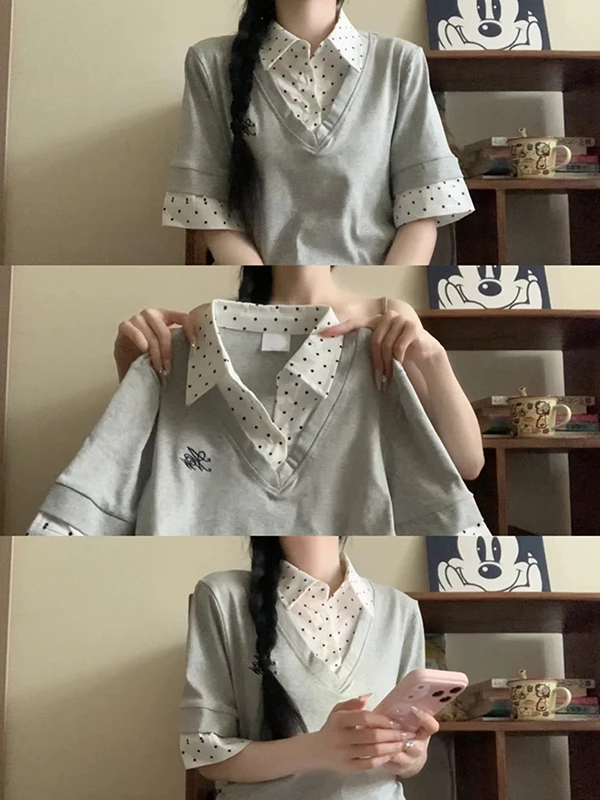 Korean Style College Wave Grey Letter Neck Fake Two-Piece Short Sleeve Women's T-Shirt Design Summer Top Trendy
Korean Style College Wave Grey Letter Neck Fake Two-Piece Short Sleeve Women's T-Shirt Design Summer Top Trendy