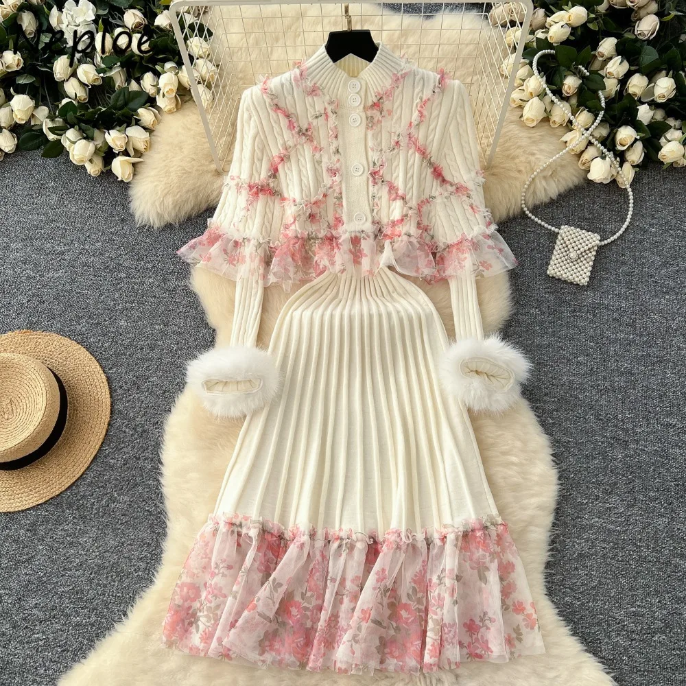 Neploe Sweet French Style Cloak Sleeves Print Set Cardigan Lace Patchwork Slim Ruffles Dress Pleated Knit Fungus Fur Suit Mujer
Neploe Sweet French Style Cloak Sleeves Print Set Cardigan Lace Patchwork Slim Ruffles Dress Pleated Knit Fungus Fur Suit Mujer