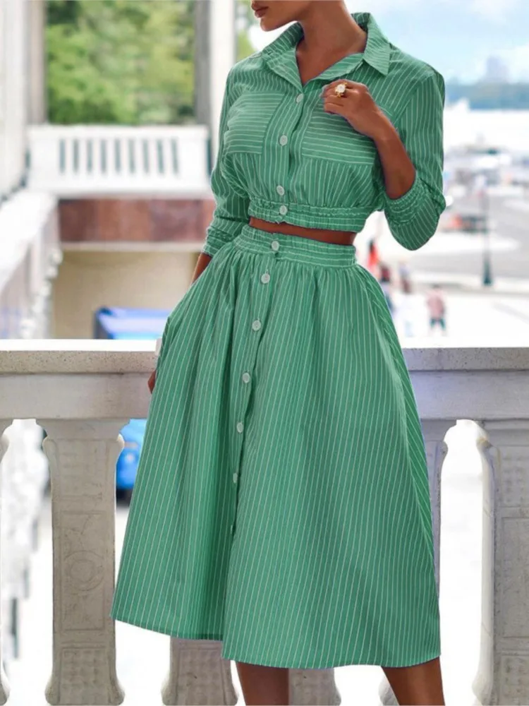 Elegant Blue Stripe Skirt Sets For Women 2 Pieces Fashion Long Sleeve Button Short Shirt And High Waist Pleated Skirts
Elegant Blue Stripe Skirt Sets For Women 2 Pieces Fashion Long Sleeve Button Short Shirt And High Waist Pleated Skirts
