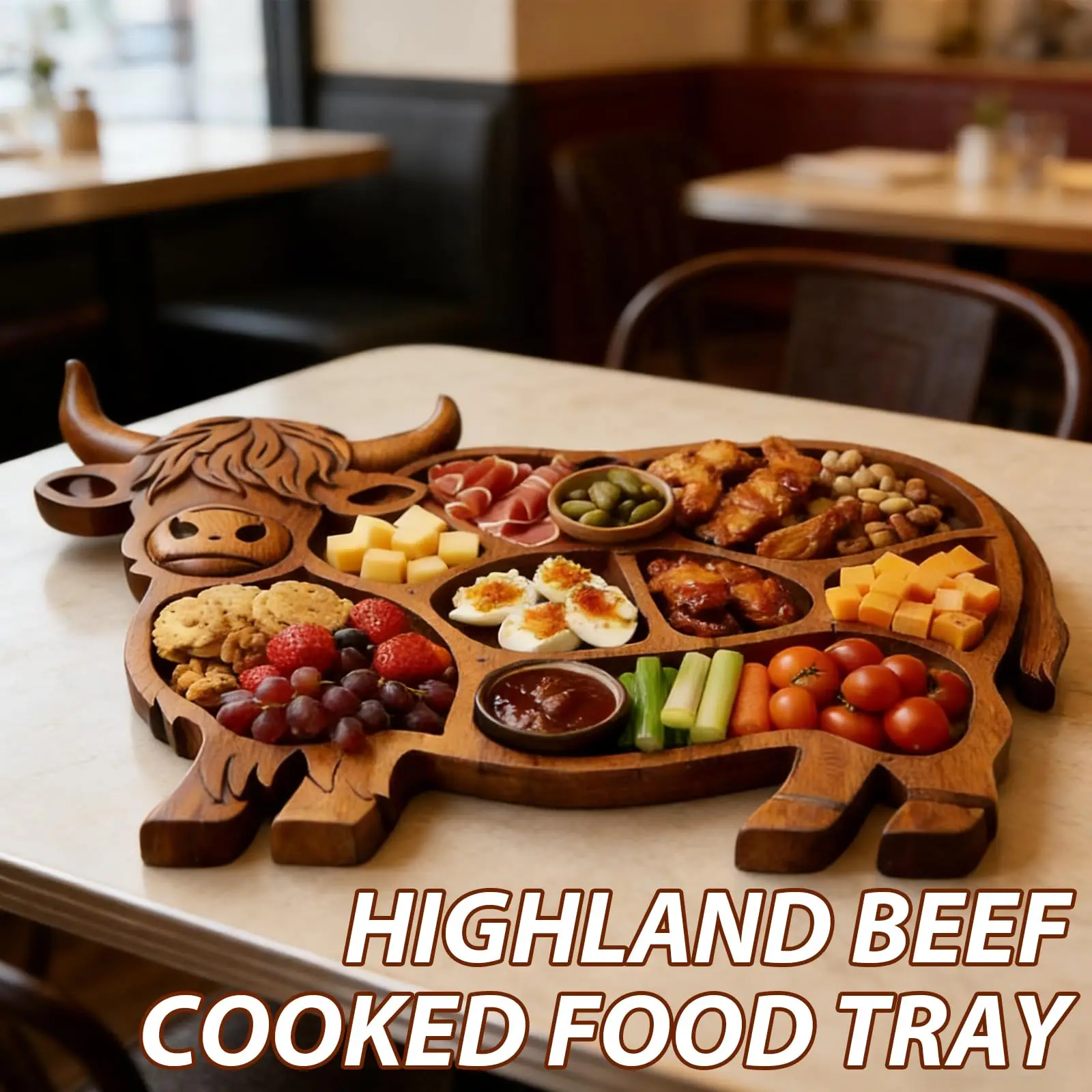 Rustic Highland Cow Wooden Serving Board Natural Solid Wood Charcuterie Board with Compartments for Cheese Meat Fruit Snack
Rustic Highland Cow Wooden Serving Board Natural Solid Wood Charcuterie Board with Compartments for Cheese Meat Fruit Snack