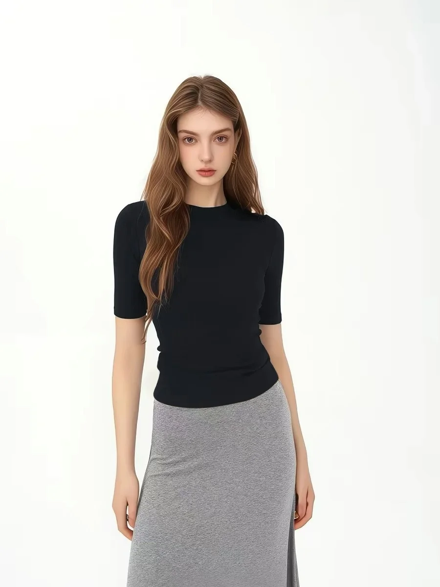 Black Slim Fit Short Sleeve T-Shirt Women's plus Size round Neck Shoulder Length Summer Slimming Versatile mid Sleeve Top
Black Slim Fit Short Sleeve T-Shirt Women's plus Size round Neck Shoulder Length Summer Slimming Versatile mid Sleeve Top