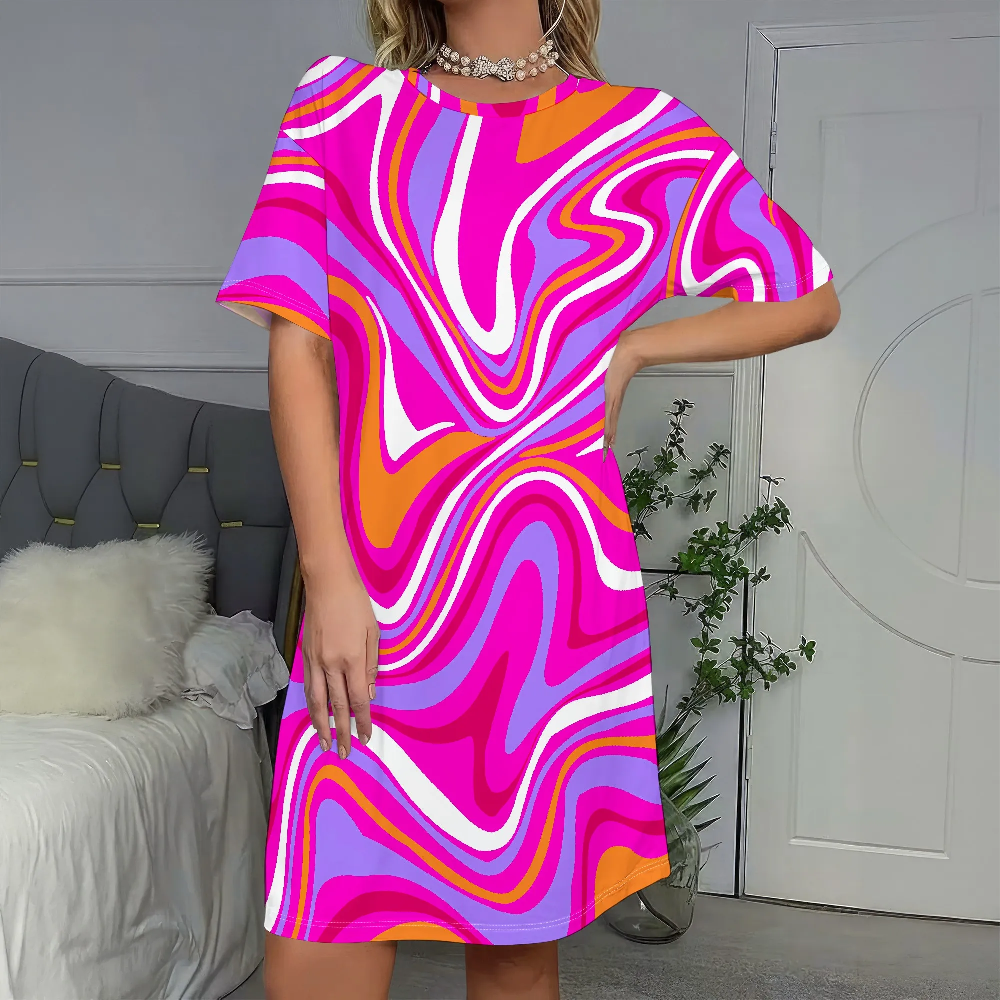 Psychedelic Print, Short Sleeve Dress, Abstract Swirl Pattern, Vibrant Colors, Women's Fashion, Casual Wear, S-2XL
Psychedelic Print, Short Sleeve Dress, Abstract Swirl Pattern, Vibrant Colors, Women's Fashion, Casual Wear, S-2XL