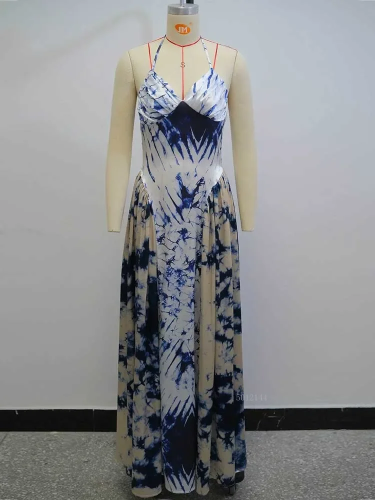 Elegant Long Halter V Neck Dress Summer Vintage Slimming Blue Printed Backless Women's Luxury Evening Sexy Gown 2025 New
Elegant Long Halter V Neck Dress Summer Vintage Slimming Blue Printed Backless Women's Luxury Evening Sexy Gown 2025 New