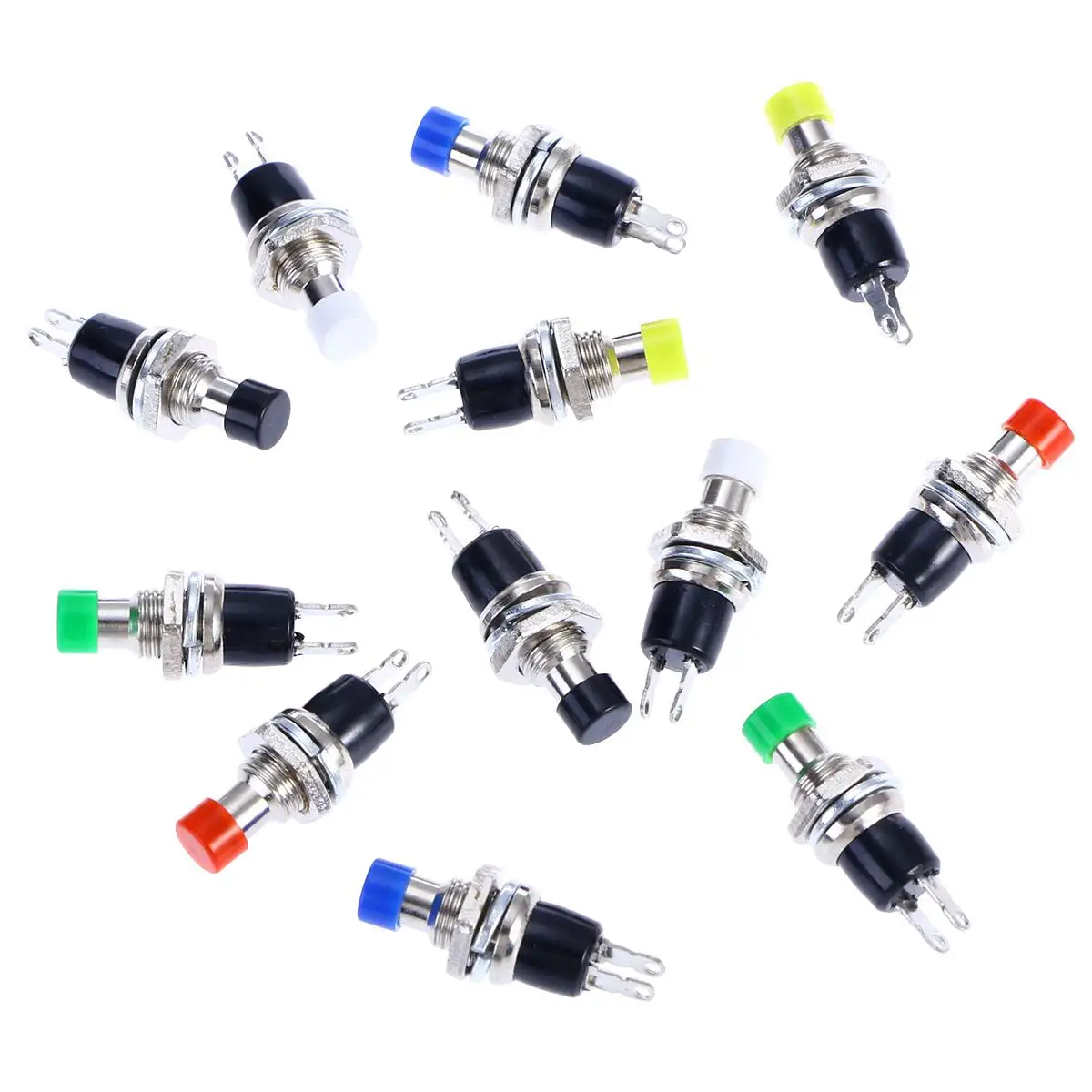 12Pcs 7MM Mounting Hole 1A 250V OFF/ON Thread SPST Momentary Latching Mini Push Button (Red, Green, Yellow, Blue, White, Black)
12Pcs 7MM Mounting Hole 1A 250V OFF/ON Thread SPST Momentary Latching Mini Push Button (Red, Green, Yellow, Blue, White, Black)