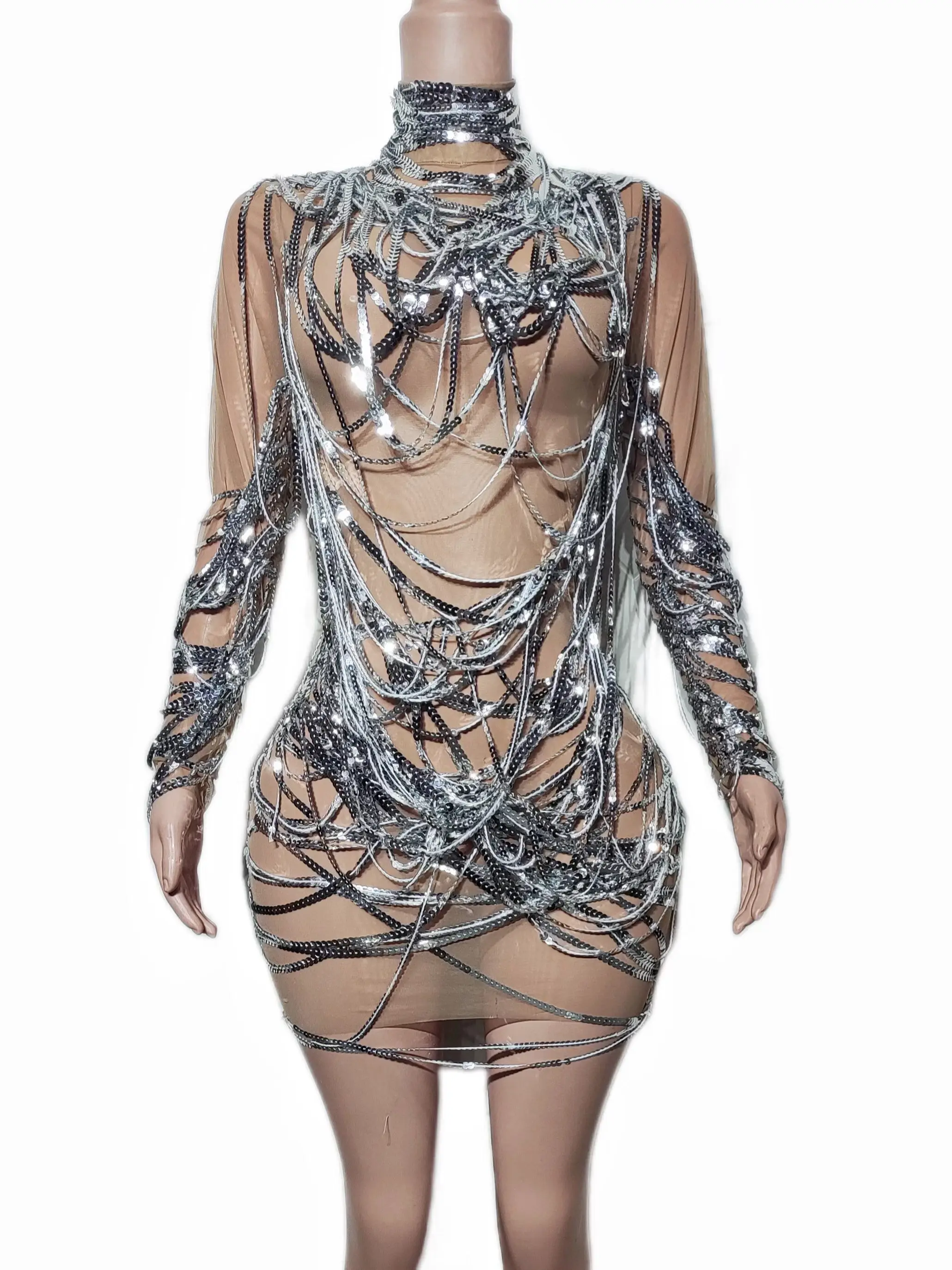 Luanxian Silver Rhinestone Chain Embellished Sheer Mesh Bodycon Mini Dress for Drag Queen Stage Performances and Events
Luanxian Silver Rhinestone Chain Embellished Sheer Mesh Bodycon Mini Dress for Drag Queen Stage Performances and Events
