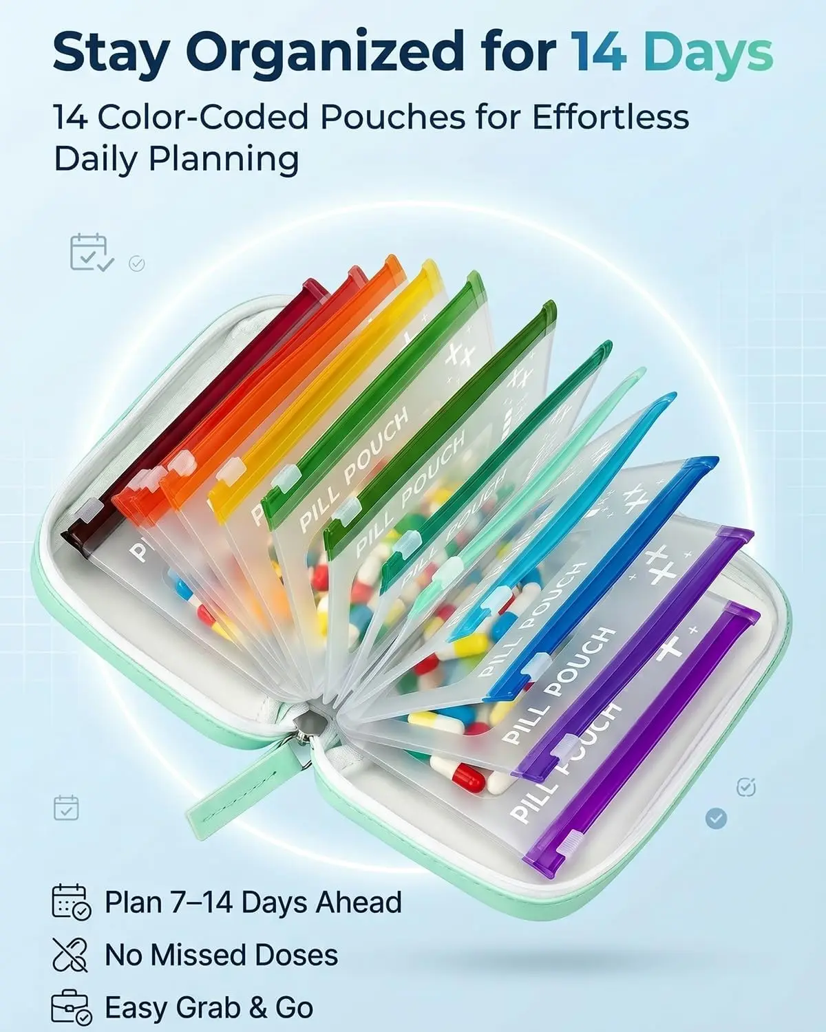 A8 Waterproof Pill Organizer Set Travel Medicine Organizers with 14 Color-Coded Pouches Leakproof Reusable Zippered Storage Case
A8 Waterproof Pill Organizer Set Travel Medicine Organizers with 14 Color-Coded Pouches Leakproof Reusable Zippered Storage Case