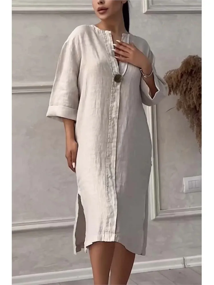 Solid Color Cotton And Linen Loose Casual Dress Women Simple Elegant O-neck Long Sleeve Button Slit Midi Dresses Female
Solid Color Cotton And Linen Loose Casual Dress Women Simple Elegant O-neck Long Sleeve Button Slit Midi Dresses Female