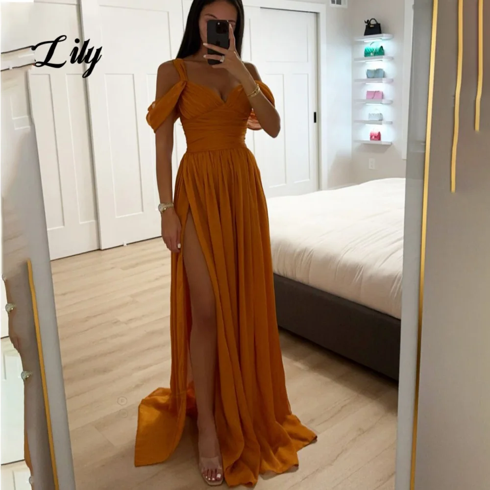 Lily Orange Color Sexy Prom Dresses V-Neck Off the Shoulder Prom Gown Chiffon Side High Split Formal Gown for Woman Customized
Lily Orange Color Sexy Prom Dresses V-Neck Off the Shoulder Prom Gown Chiffon Side High Split Formal Gown for Woman Customized