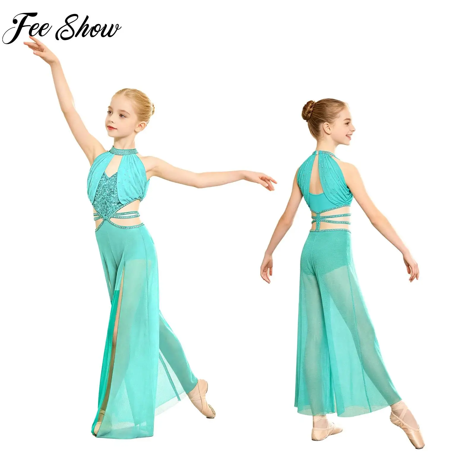 Kids Girls Lyrical Rhythmic Dance Jumpsuit Sequins Split Shimmery Mesh Wide-leg Bodysuit for Ballerina Dance Stage Performance
Kids Girls Lyrical Rhythmic Dance Jumpsuit Sequins Split Shimmery Mesh Wide-leg Bodysuit for Ballerina Dance Stage Performance